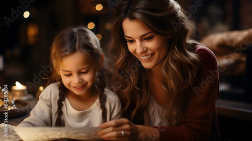 mother and daughter happily write a letter to Santa Claus together. Christmas time