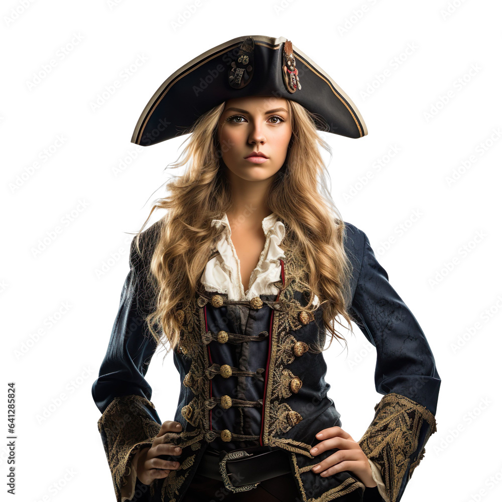 Fototapeta premium Halloween costumes - Front view mid shot of white woman dressed as pirate isolated on white transparent background