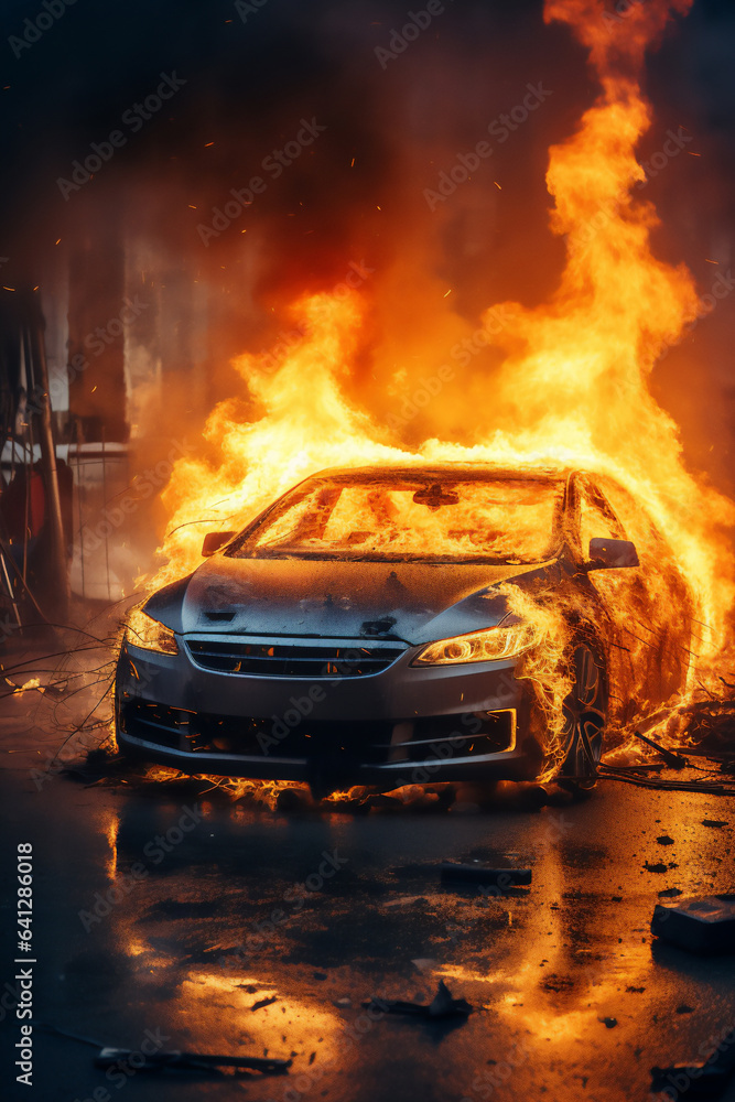 Electric car EV who's vehicle lithium battery is on fire causing a thermal runaway and overheating through damage or overcharging, computer Generative AI stock illustration image