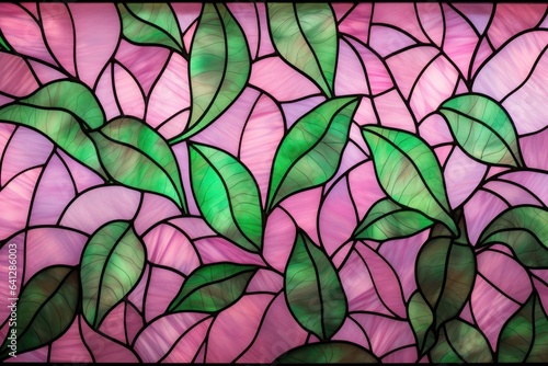 Stained glass pink and green color palette. stylish plant pattern.