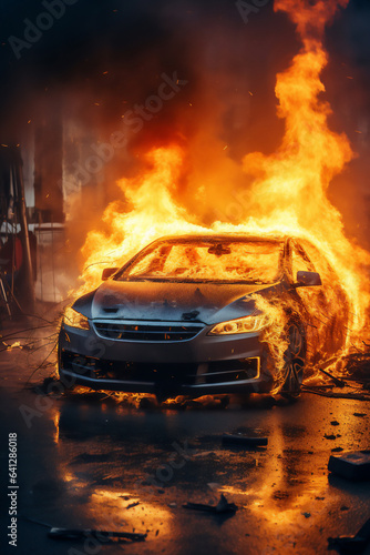 Electric car EV who s vehicle lithium battery is on fire causing a thermal runaway and overheating through damage or overcharging  computer Generative AI stock illustration image