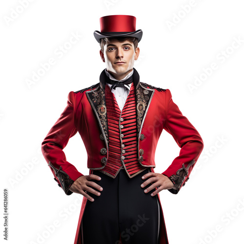 Halloween costumes -  Front view mid shot of white man dressed as circus ringmaster isolated on white transparent background