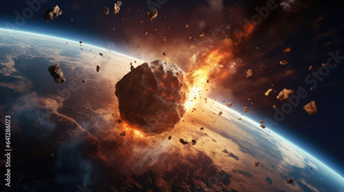 A large Meteor burning and glowing Impact On Earth, Fired Asteroid In Collision With Planet as it enters the Earth's atmosphere. Generative AI