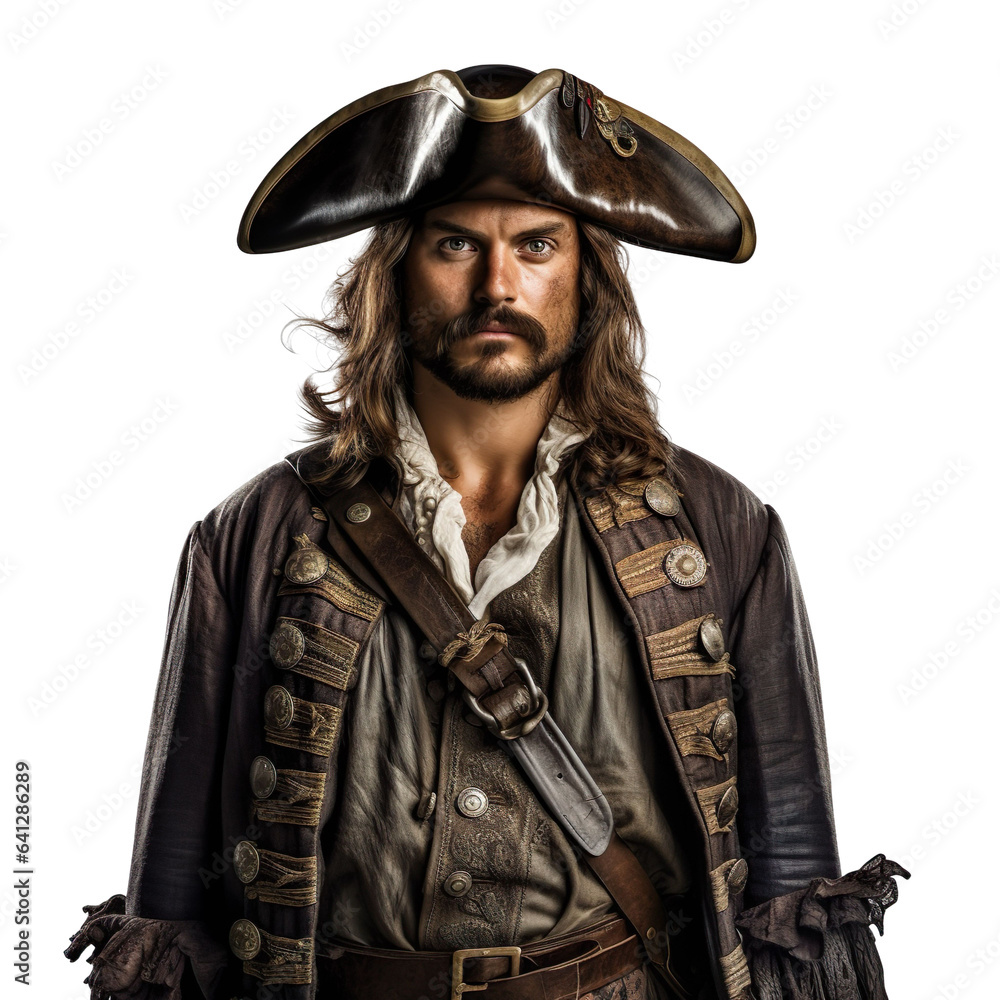 Fototapeta premium Halloween costumes - Front view mid shot of white man dressed as pirate isolated on white transparent background