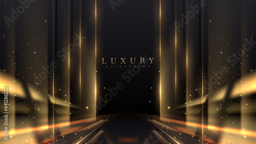 Luxury black stage background with gold light effects decorations and bokeh.
