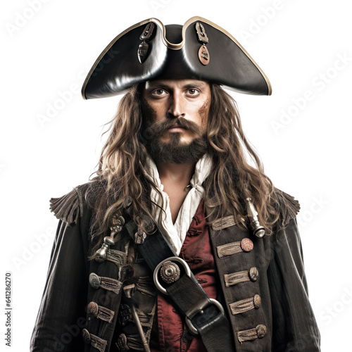 Halloween costumes -  Front view mid shot of white man dressed as pirate isolated on white transparent background photo