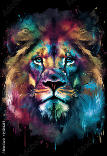 Colourful lion head portrait with the face in an abstract watercolour painting pattern  computer Generative AI stock illustration image