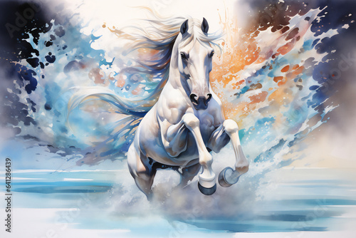 Watercolour abstract horse painting of a white equine animal running through the water of a river stream which could be used as a poster or flyer, computer Generative AI stock illustration image