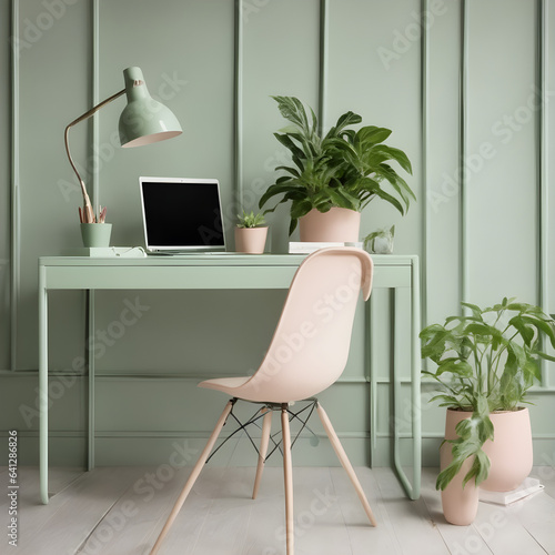 Tranquil Workspace: Cozy Desk with Lush Green Plants, Modern Computer, and Refreshing Green Wall Decor. AI generated © Iceman_31