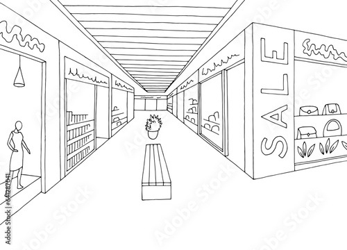 Shopping mall graphic black white interior sketch illustration vector 