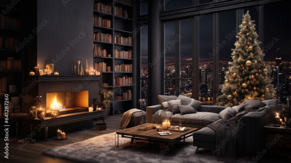 Interior of modern cozy luxurious loft style studio with Christmas decor. Blazing fireplace, burning candles, elegant Christmas tree, comfortable cushioned furniture, panoramic windows with city view.