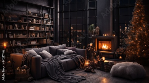 Interior of modern cozy luxurious loft style studio with Christmas decor. Blazing fireplace  burning candles  elegant Christmas tree  comfortable cushioned furniture  panoramic windows with city view.