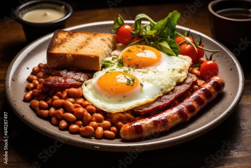 Traditional full English breakfast with fried eggs  sausages  beans  grilled tomatoes and bacon. AI Generated