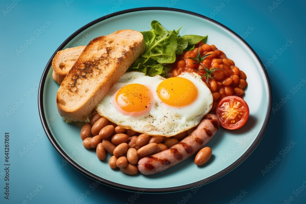 Traditional full English breakfast with fried eggs, sausages, beans, grilled tomatoes and bacon. AI Generated