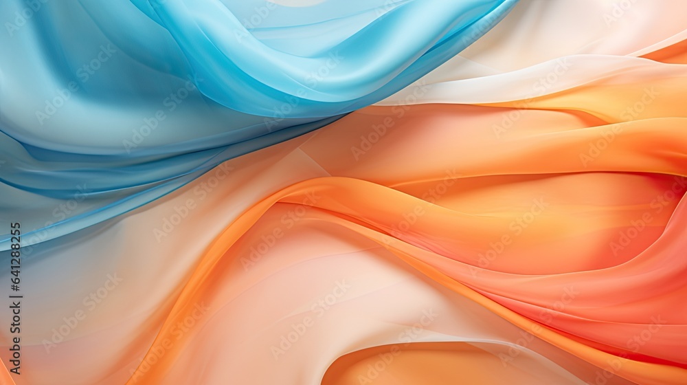 Fototapeta premium A fluid silk background in pastel tangerine and cerulean, portraying the vibrant energy of a tropical sunrise flat lay