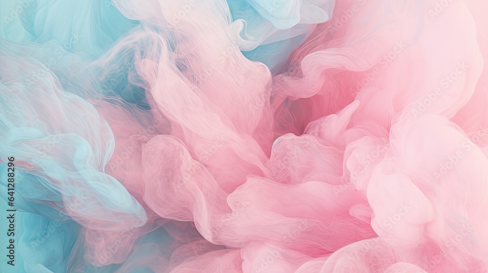 Fototapeta premium Ethereal swirls of aqua and powder pink on a fluid silk background, invoking images of candy floss clouds flat lay