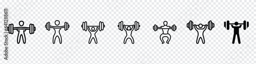 Weightlifter icon vector sign, Sequence of weight lifting, silhouette of a weight lifter on transparent background, Weightlifting icon, bodybuilding icons. weight lifting icon, Weightlifting icons