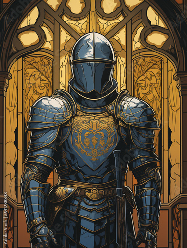 A Risograph Illustration of a Grainy Knight's Armor in a Medieval Hall