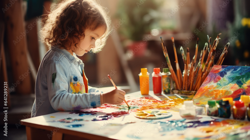 A child draws a picture with paints or pencils, preschool childr A child draws a picture with paints or pencils, preschool childr