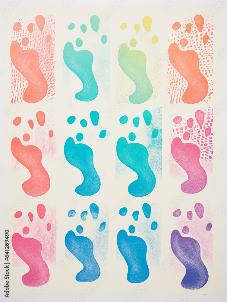 A Risograph Illustration of Layered Footprints in Different Dance Styles A Risograph Illustration of Layered Footprints in Different Dance Styles