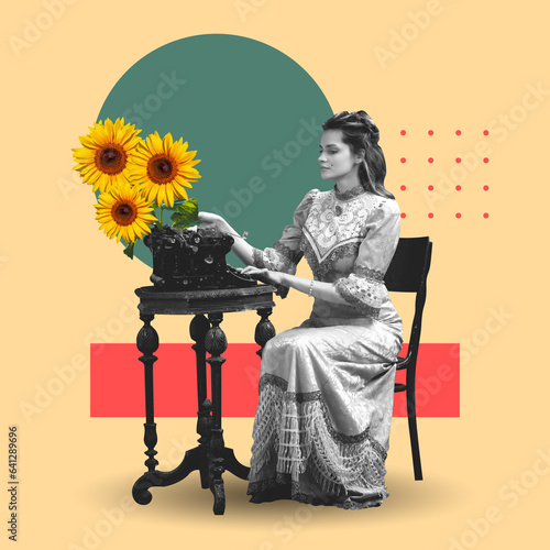 Canvastavla Elegant beautiful woman sitting and typing story on retro typewriter