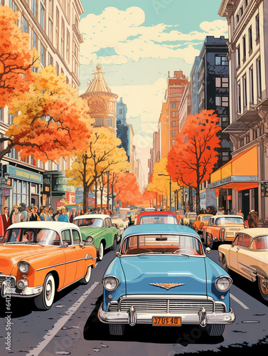 A Risograph Illustration of Vintage Cars in a Bustling 1950s City