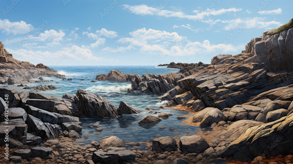 Hyperreal view of a rocky coastal shoreline