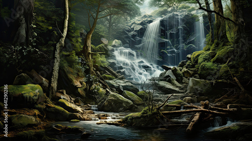 Hyperreal portrayal of a cascading forest waterfall