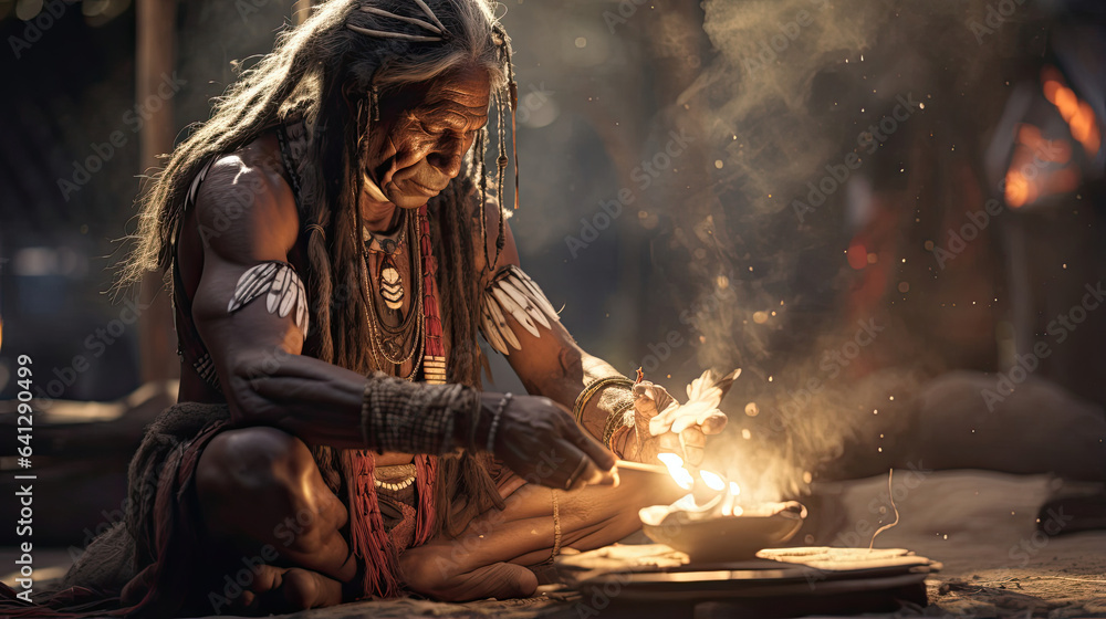 Obraz premium Tribal shaman conducting a spiritual ceremony