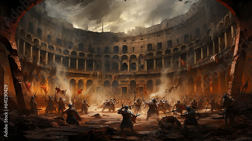 Photographie Roman gladiators fighting in a colosseum