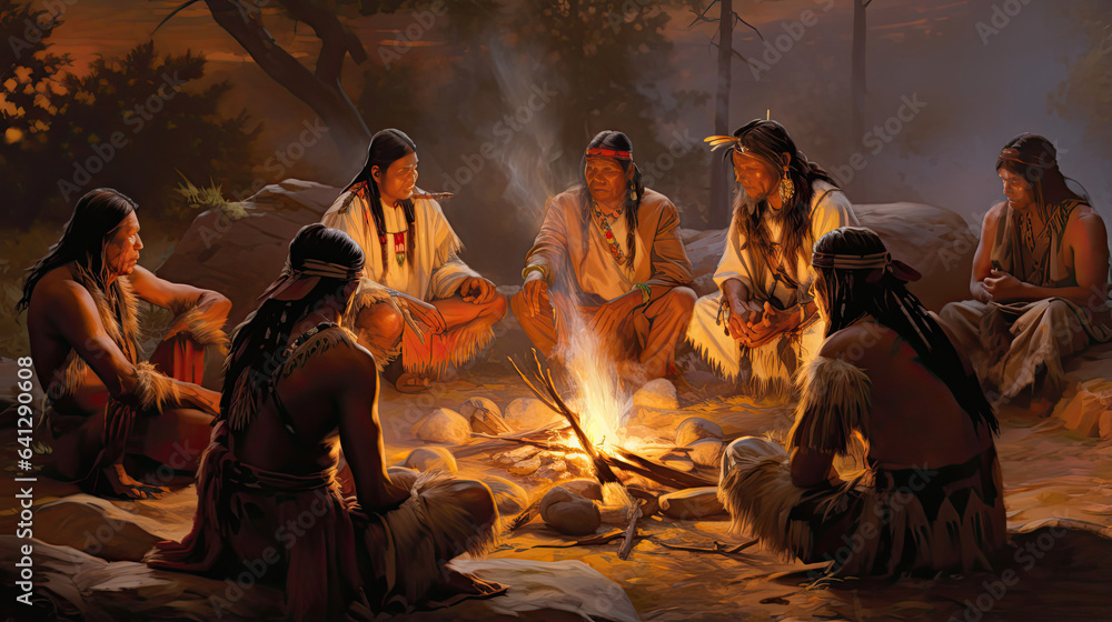 Native Americans sharing stories around a campfire Native Americans sharing stories around a campfire
