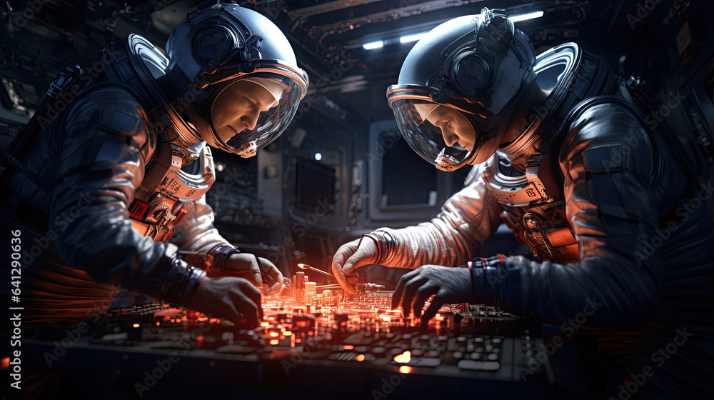 Astronauts working together aboard a space station Astronauts working together aboard a space station