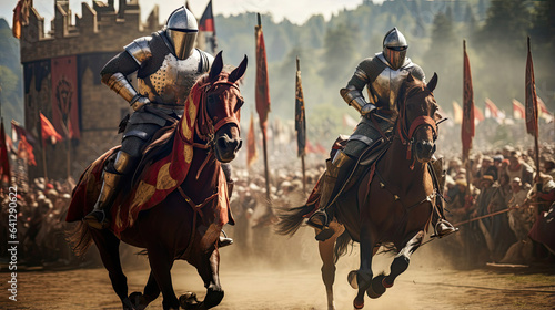 Medieval knights jousting in a grand tournament