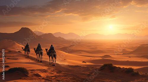 Nomads traversing a vast desert with camels