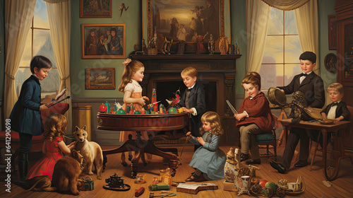 Victorian children playing with toys in a parlor