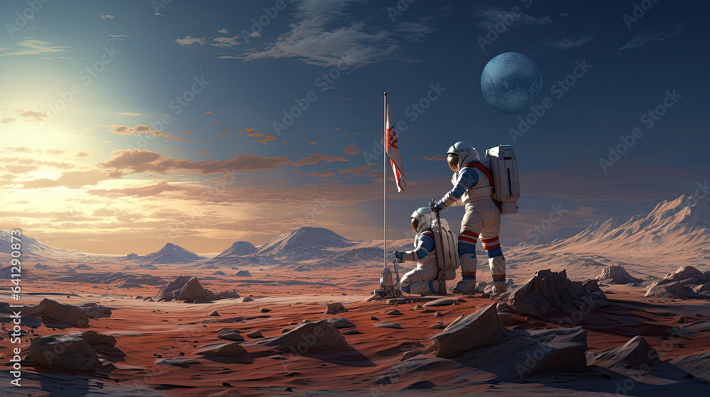 Astronauts planting the flag on a newly discovered planet - obrazy, fototapety, plakaty 