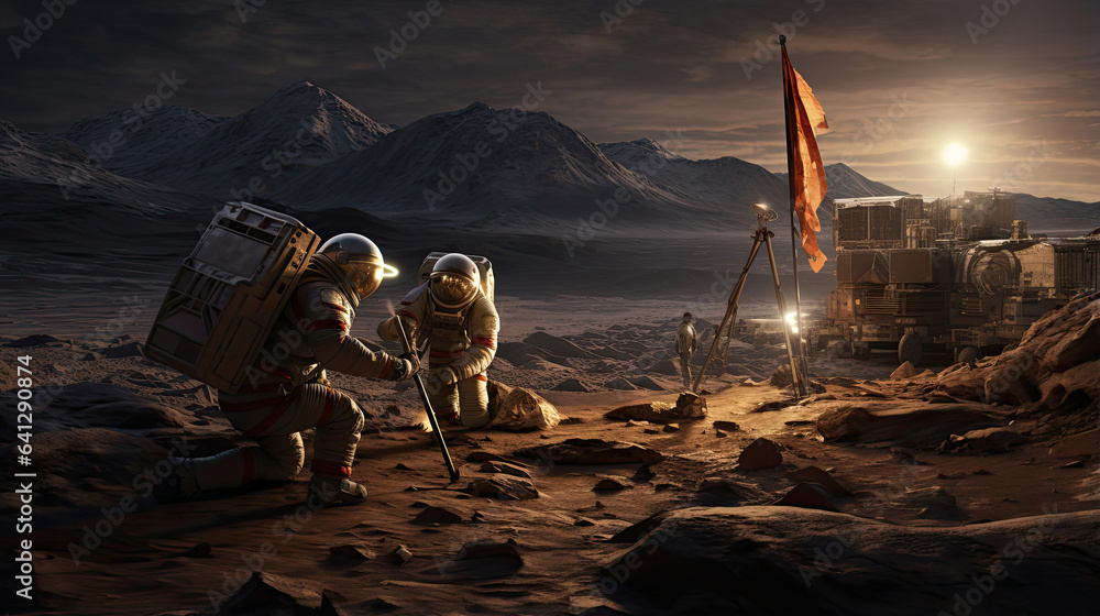 Astronauts planting the flag on a newly discovered planet - obrazy, fototapety, plakaty 