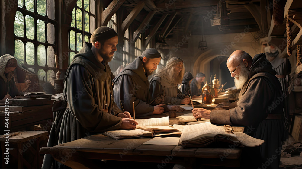 Medieval monks transcribing manuscripts in a monastery