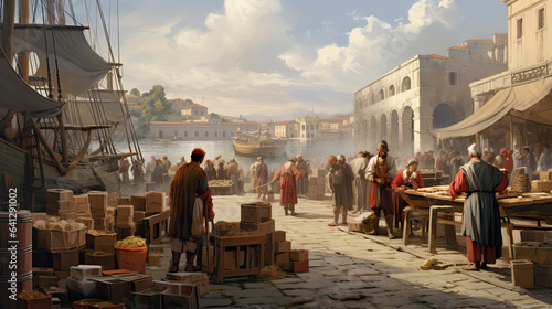 Ancient Roman merchants selling wares at a port