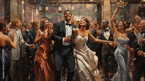 Contemporary couples dancing at a lively wedding reception