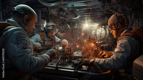 Astronauts conducting experiments aboard a space station