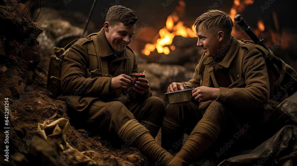 World War I soldiers bonding in the trenches