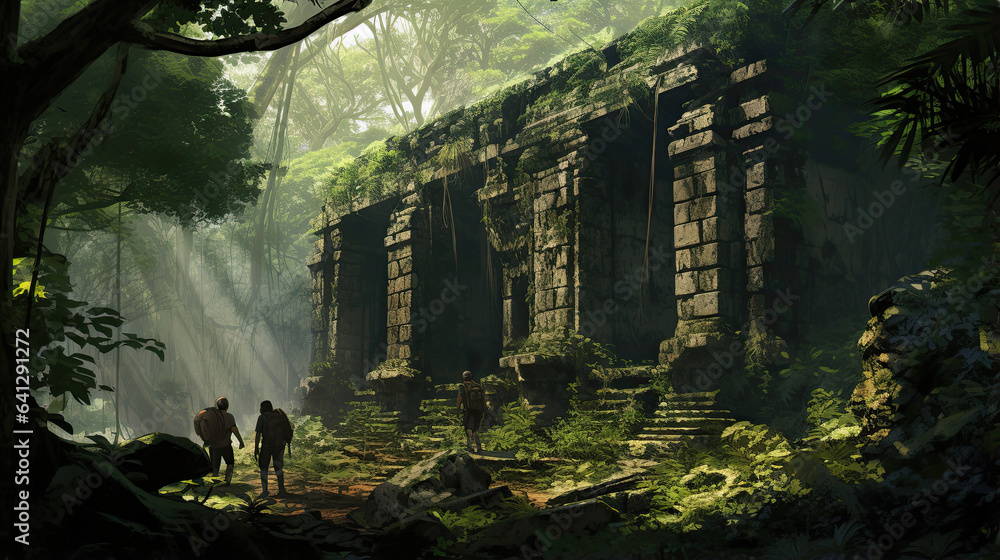 Modern explorers discovering ancient ruins in a jungle Modern explorers discovering ancient ruins in a jungle