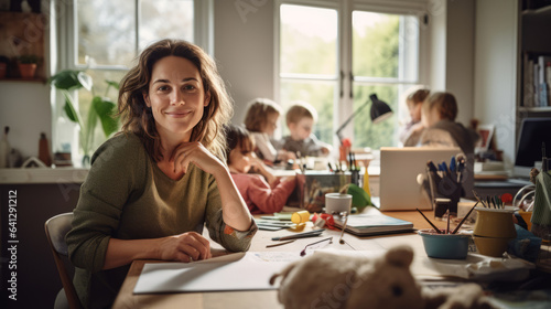 Young mum smiling looking into the camera working from home, with her children in the background, family, smart working, freelance, working remotely