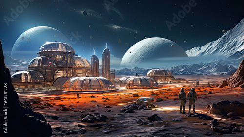 Astronauts assembling a space colony on another planet