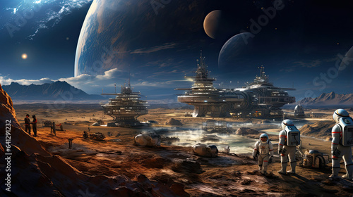 Tablou canvas Astronauts assembling a space colony on another planet