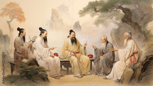 Ancient Chinese philosophers discussing wisdom