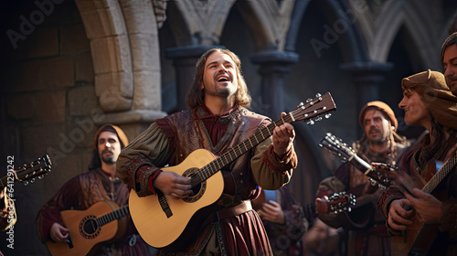Medieval troubadours performing songs in a courtyard