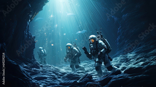 Futuristic astronauts exploring the depths of an alien ocean
