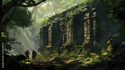 Modern explorers discovering ancient ruins in a jungle